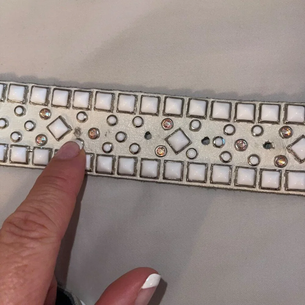 Rn Design Womens Belt Size Large White Leather Studded Swarosky Crystals